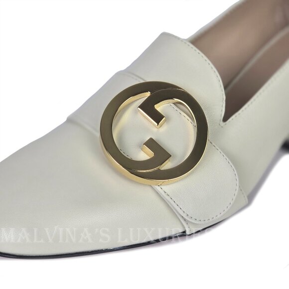 GUCCI SHOES BLONDIE WHITE LEATHER GOLDTONE G LOGO PUMPS sz 41 11 US - Picture 7 of 15